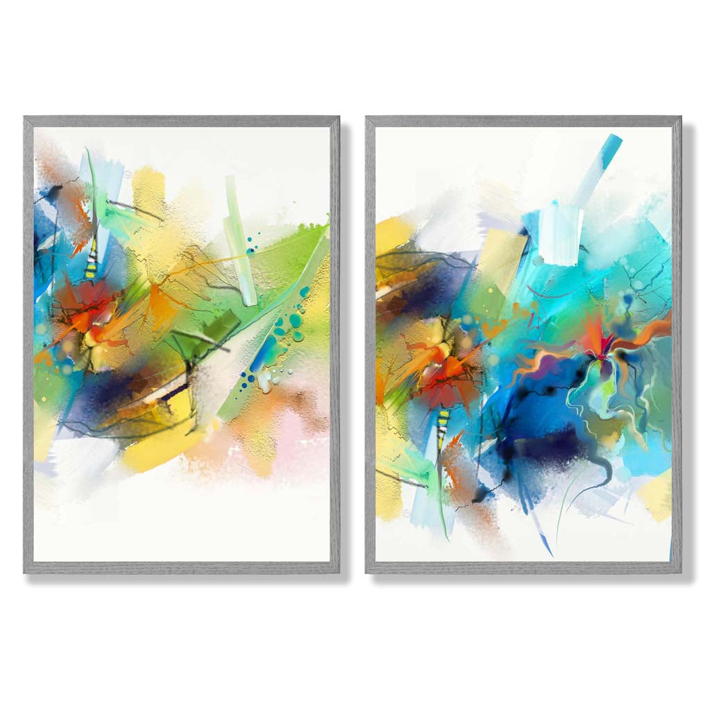 Abstract Fractal Blue Green Set of 2 Art Prints with Light Grey Frame