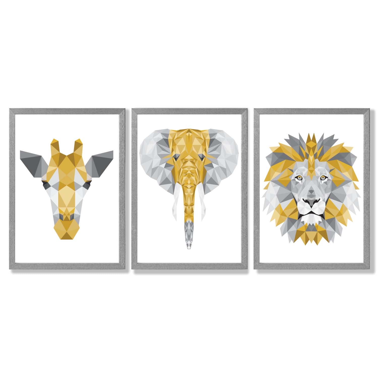 Set of 3 Yellow & Grey Jungle Giraffe Lion Elephant Framed Art Prints with Light Grey Wooden Frames