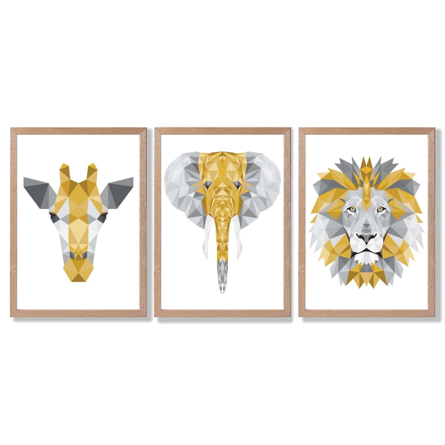 Set of 3 Yellow & Grey Jungle Giraffe Lion Elephant Framed Art Prints with Light Oak Frames