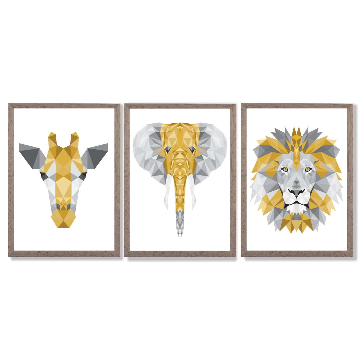 Set of 3 Yellow & Grey Jungle Giraffe Lion Elephant Framed Art Prints with Light Walnut Frames