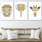 Set of 3 Geometric Yellow and Grey Jungle Heads Lion Elephant Giraffe