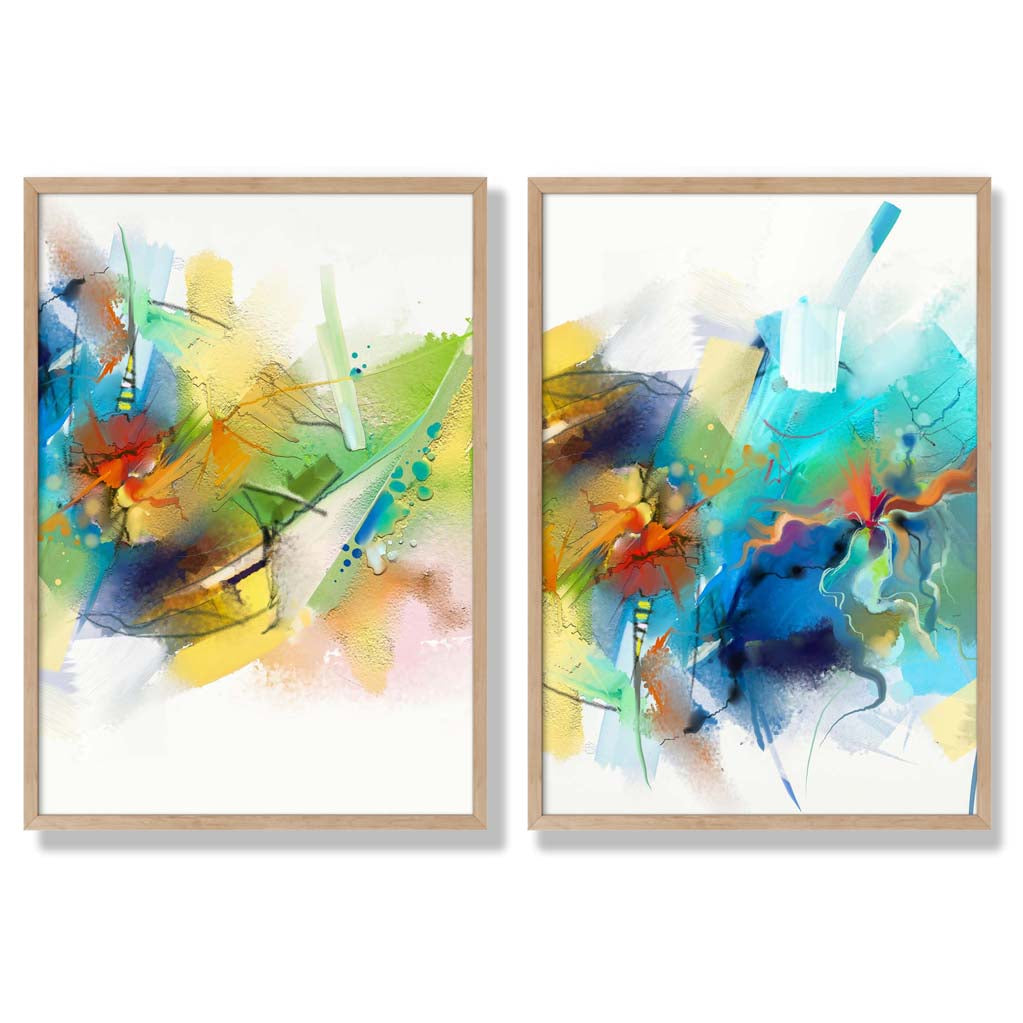 Abstract Fractal Blue Green Set of 2 Art Prints with Oak Frame