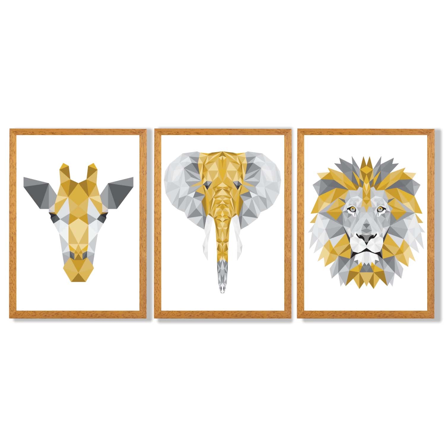 Set of 3 Yellow & Grey Jungle Giraffe Lion Elephant Framed Art Prints with Oak Wooden Frames