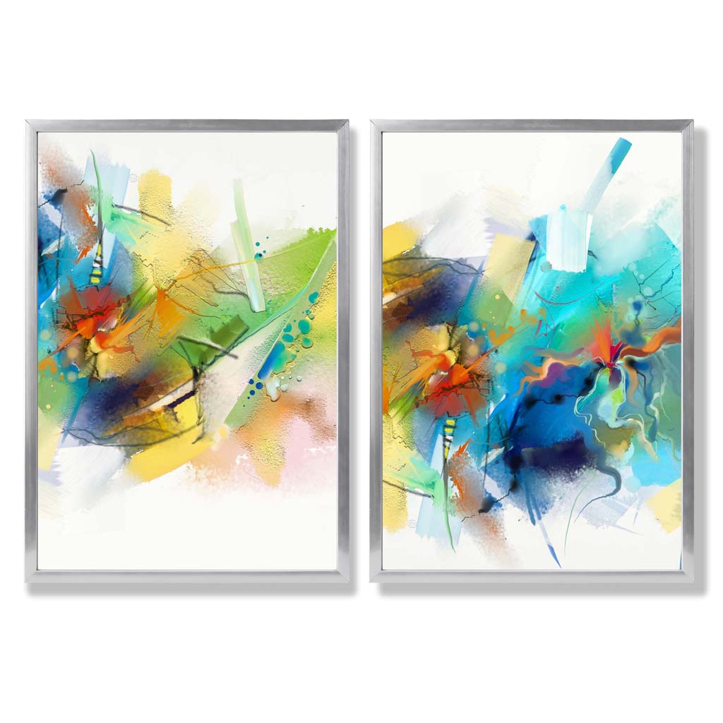 Abstract Fractal Blue Green Set of 2 Art Prints with Silver Frame