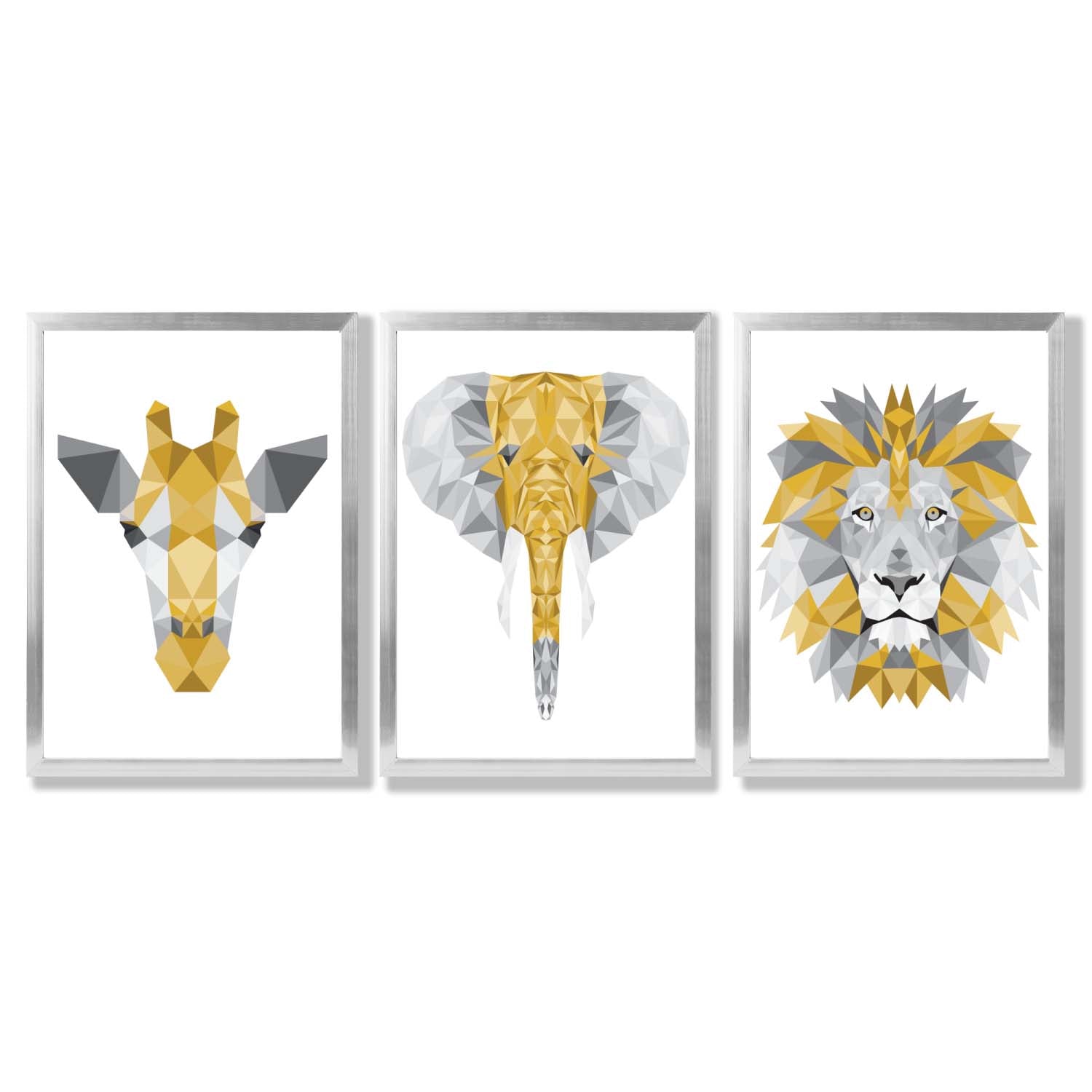 Set of 3 Yellow & Grey Jungle Giraffe Lion Elephant Framed Art Prints with Silver Wood Frames