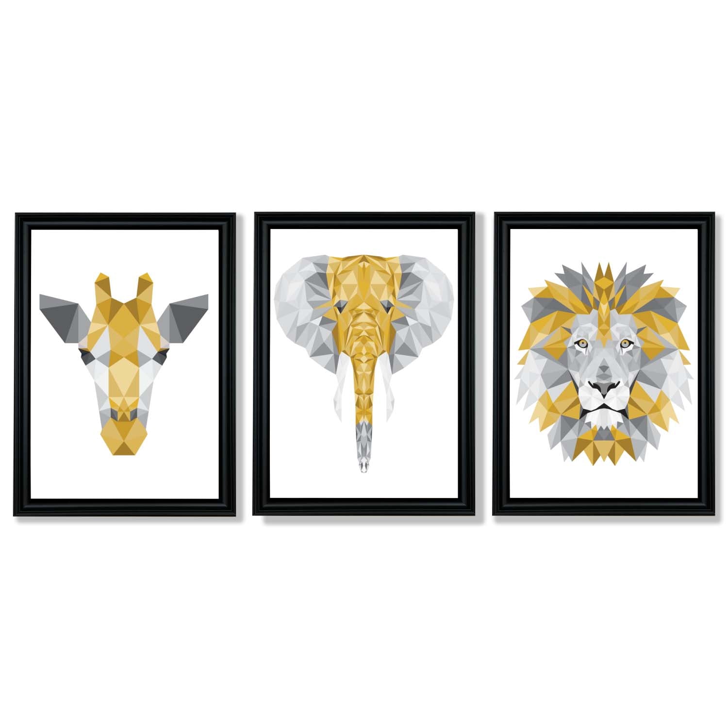 Set of 3 Yellow & Grey Jungle Giraffe Lion Elephant Framed Art Prints with Vermeer Black Frames