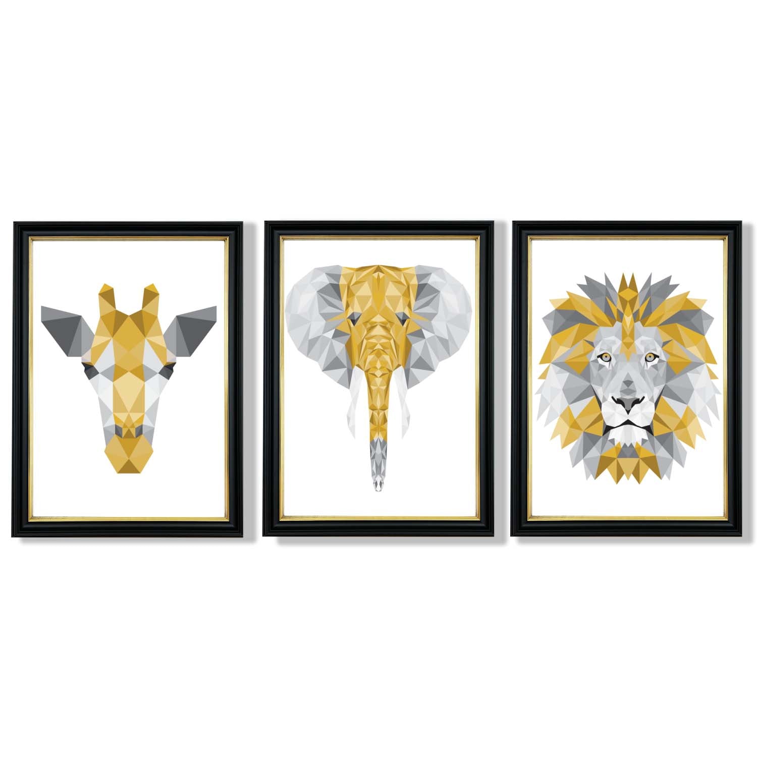 Set of 3 Yellow & Grey Jungle Giraffe Lion Elephant Framed Art Prints with Vermeer Black and Gold Frames