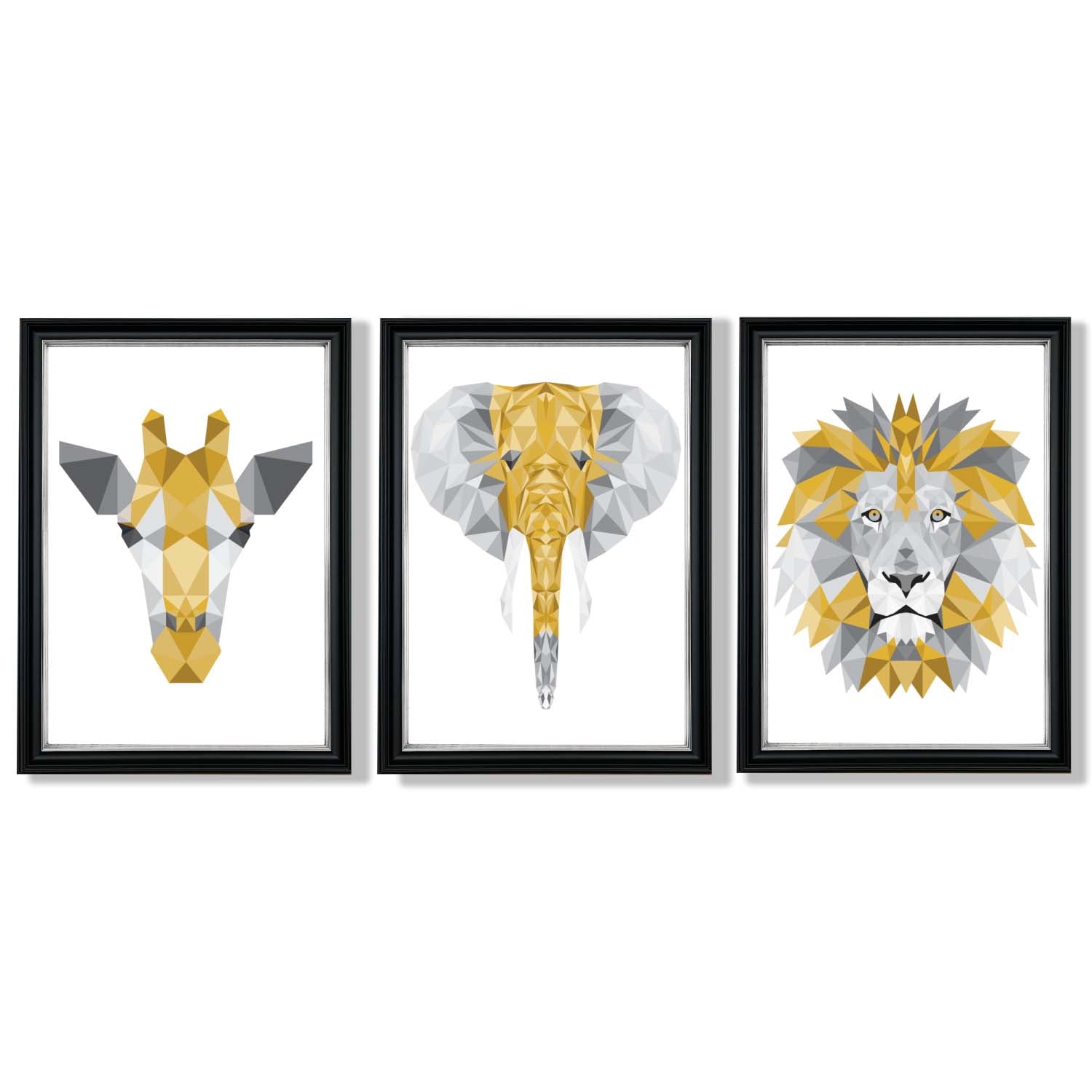 Set of 3 Yellow & Grey Jungle Giraffe Lion Elephant Framed Art Prints with Vermeer Black and Silver Frames