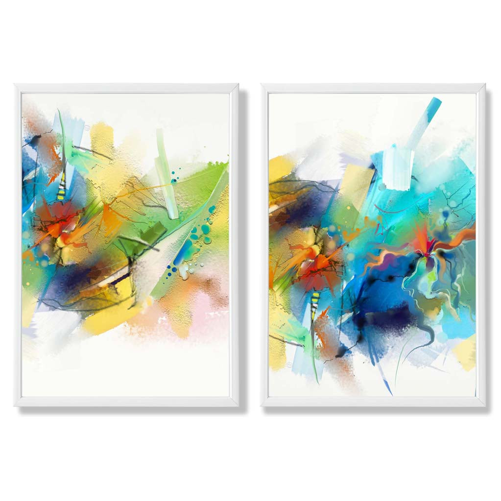 Abstract Fractal Blue Green Set of 2 Art Prints with White Frame