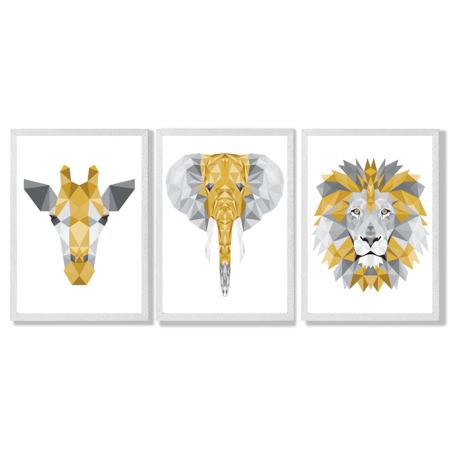 Set of 3 Yellow & Grey Jungle Giraffe Lion Elephant Framed Art Prints with White Wooden Frames