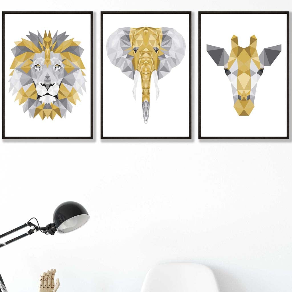 Set of 3 Geometric Yellow and Grey Jungle Heads Lion Elephant Giraffe