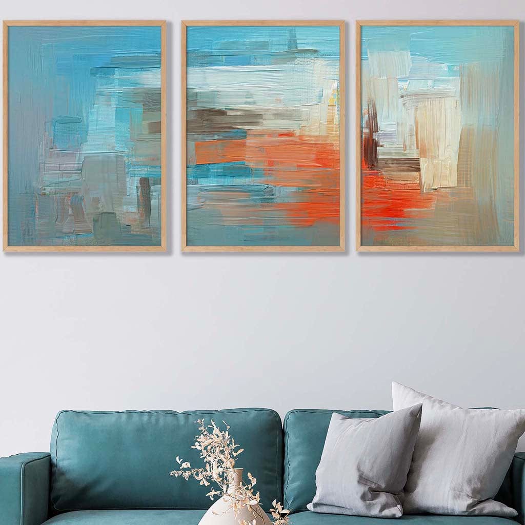 Set of 3 Geometric Abstract Ocean Liner In Blue Orange White Wall Art Prints
