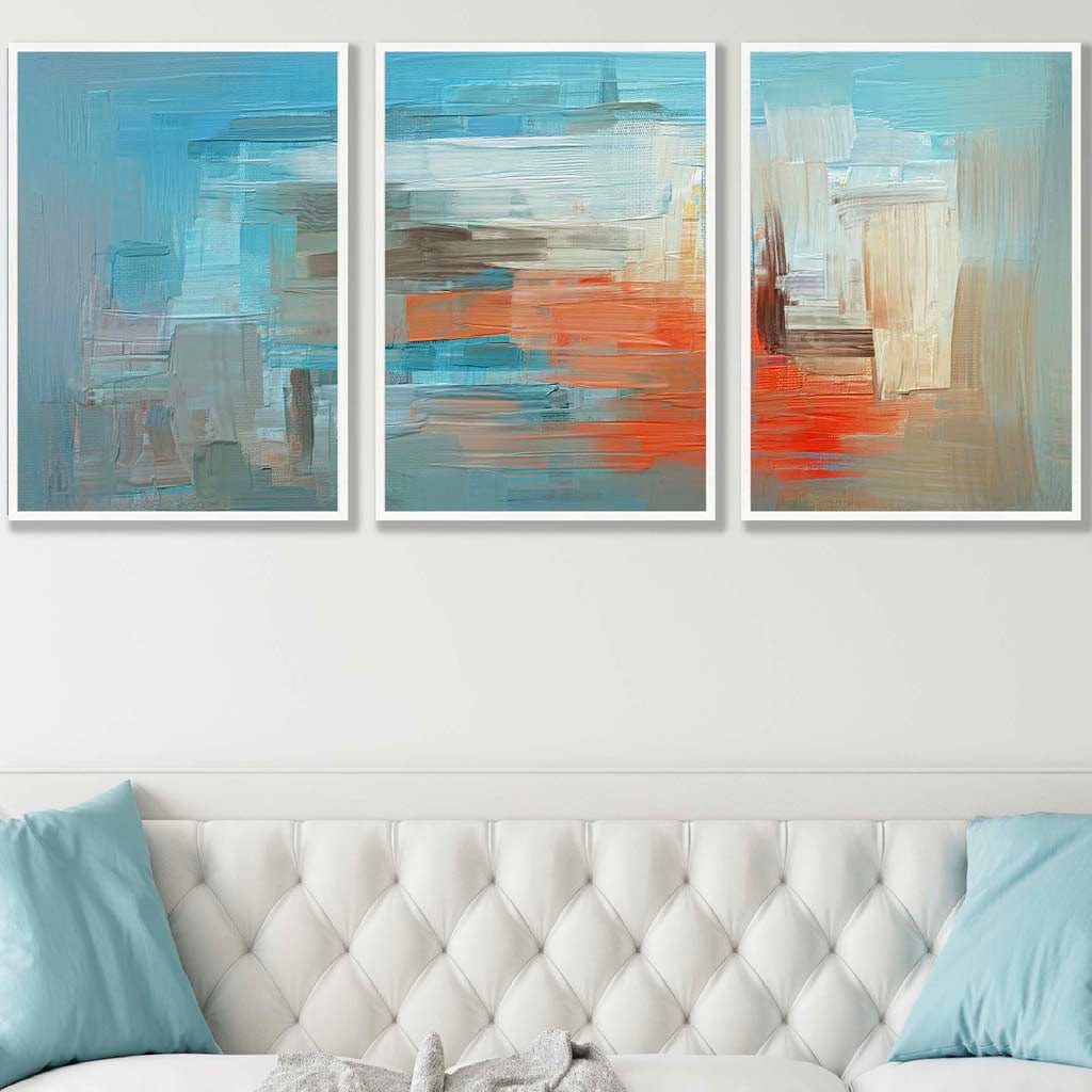 Set of 3 Geometric Abstract Ocean Liner In Blue Orange White Wall Art Prints