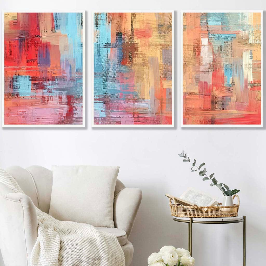 Set of 3 Geometric Abstract Strokes In Red Blue Yellow Wall Art Prints