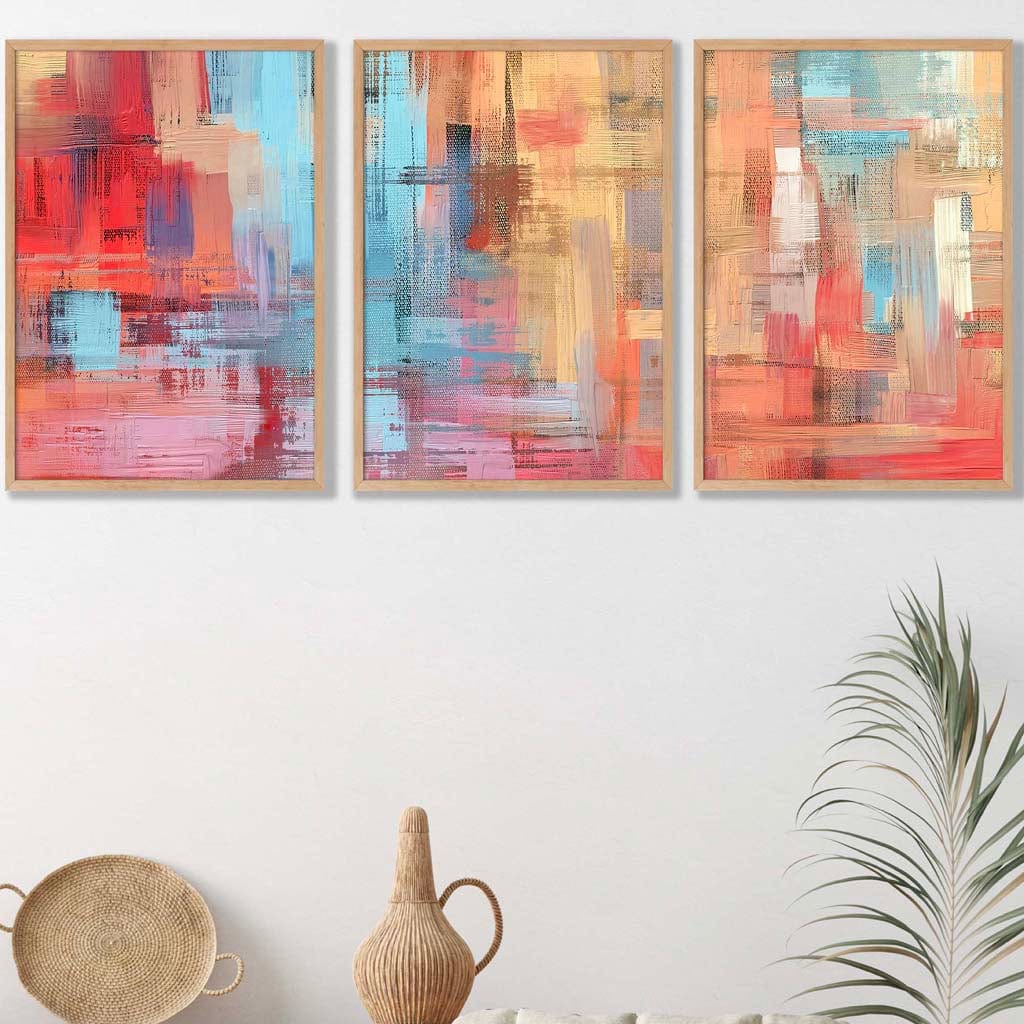 Set of 3 Geometric Abstract Strokes In Red Blue Yellow Wall Art Prints