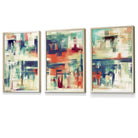 Set of 3 Geometric Abstract Strokes In Blue Teal and Red Framed Art Prints | Artze Wall Art UK