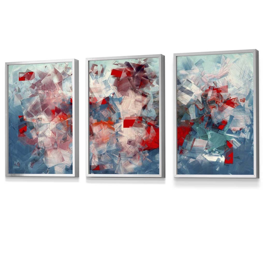 Set of 3 Geometric Abstract Squares In Red White and Blue Framed Art Prints | Artze Wall Art UK