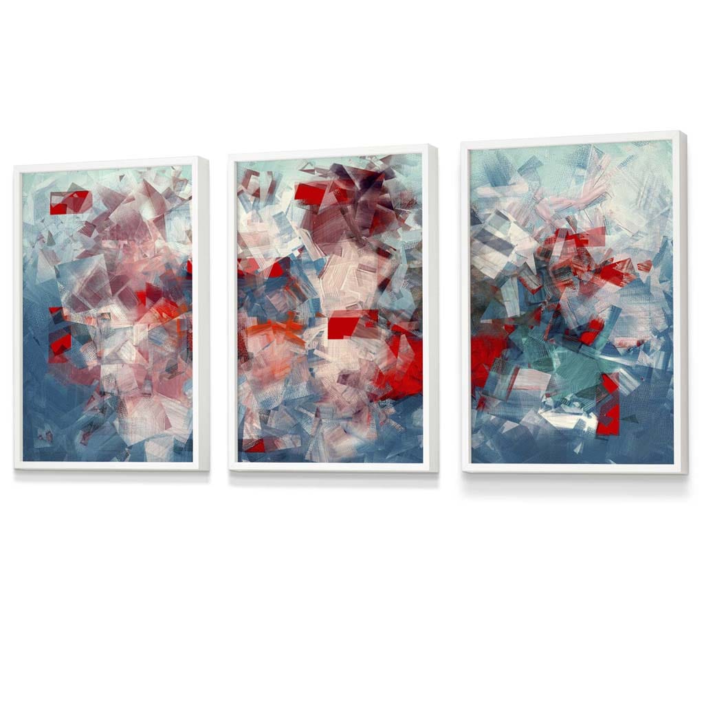 Set of 3 Geometric Abstract Squares In Red White and Blue Framed Art Prints | Artze Wall Art UK
