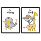 Grey, Yellow Nursery Elephant, Giraffe Set of 2 Art Prints with Black Frame