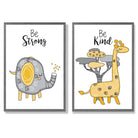 Grey, Yellow Nursery Elephant, Giraffe Set of 2 Art Prints with Dark Grey Frame