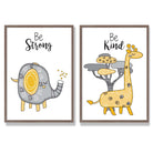 Grey, Yellow Nursery Elephant, Giraffe Set of 2 Art Prints with Walnut Frame