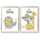 Grey, Yellow Nursery Elephant, Giraffe Set of 2 Art Prints with Gold Frame