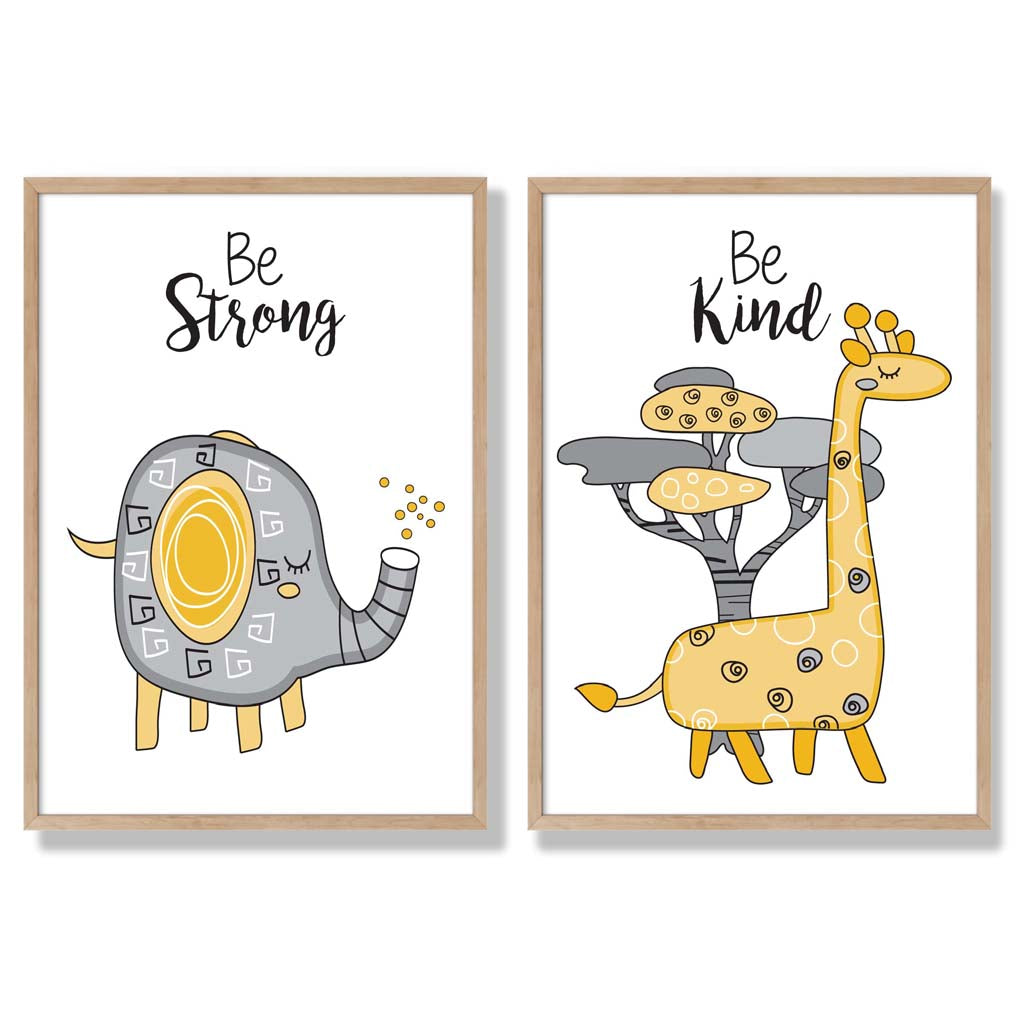 Grey, Yellow Nursery Elephant, Giraffe Set of 2 Art Prints with Oak Frame
