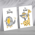 Grey, Yellow Nursery Elephant, Giraffe Set of 2 Art Prints