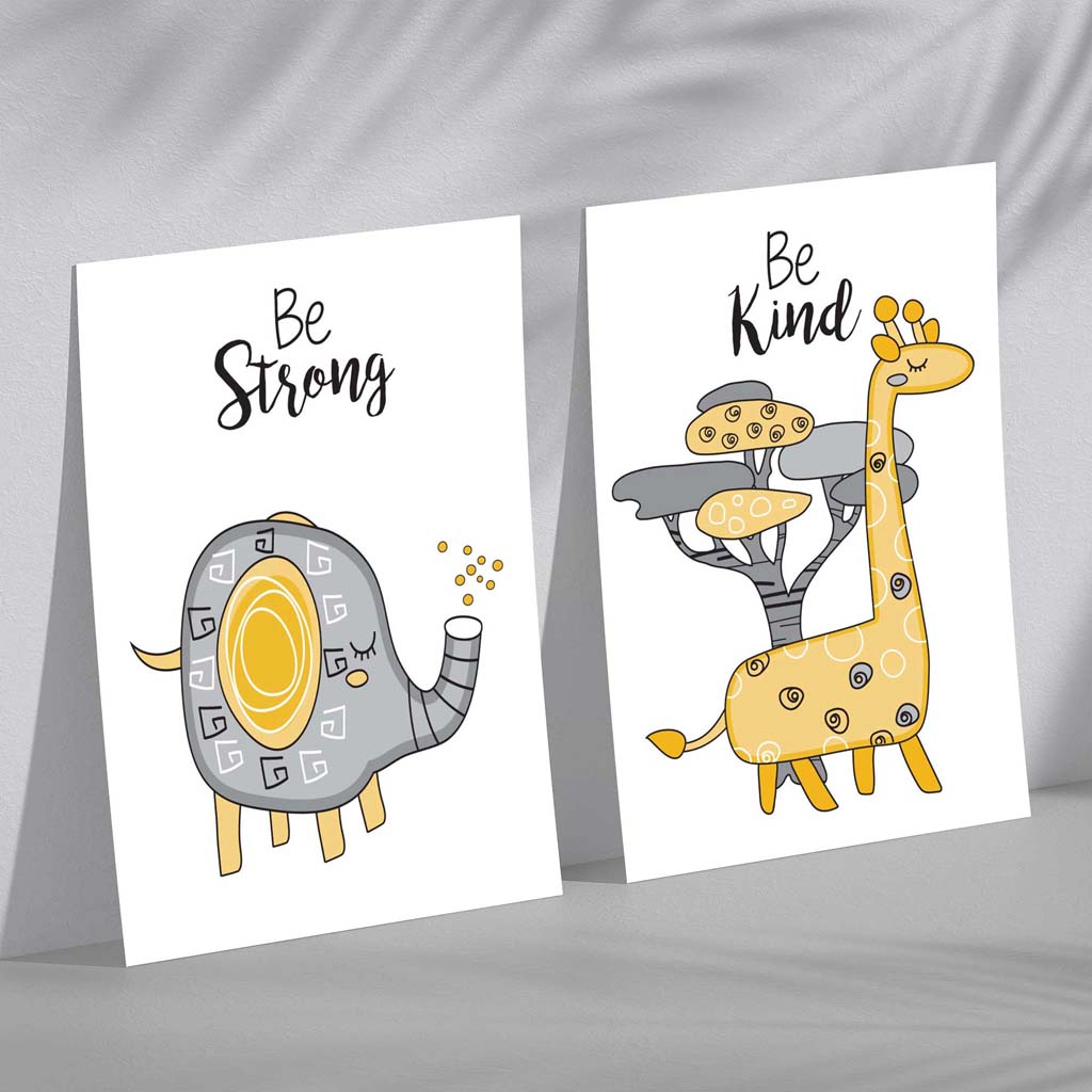 Grey, Yellow Nursery Elephant, Giraffe Framed Set of 2 Art Prints