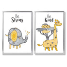 Grey, Yellow Nursery Elephant, Giraffe Set of 2 Art Prints with Silver Frame