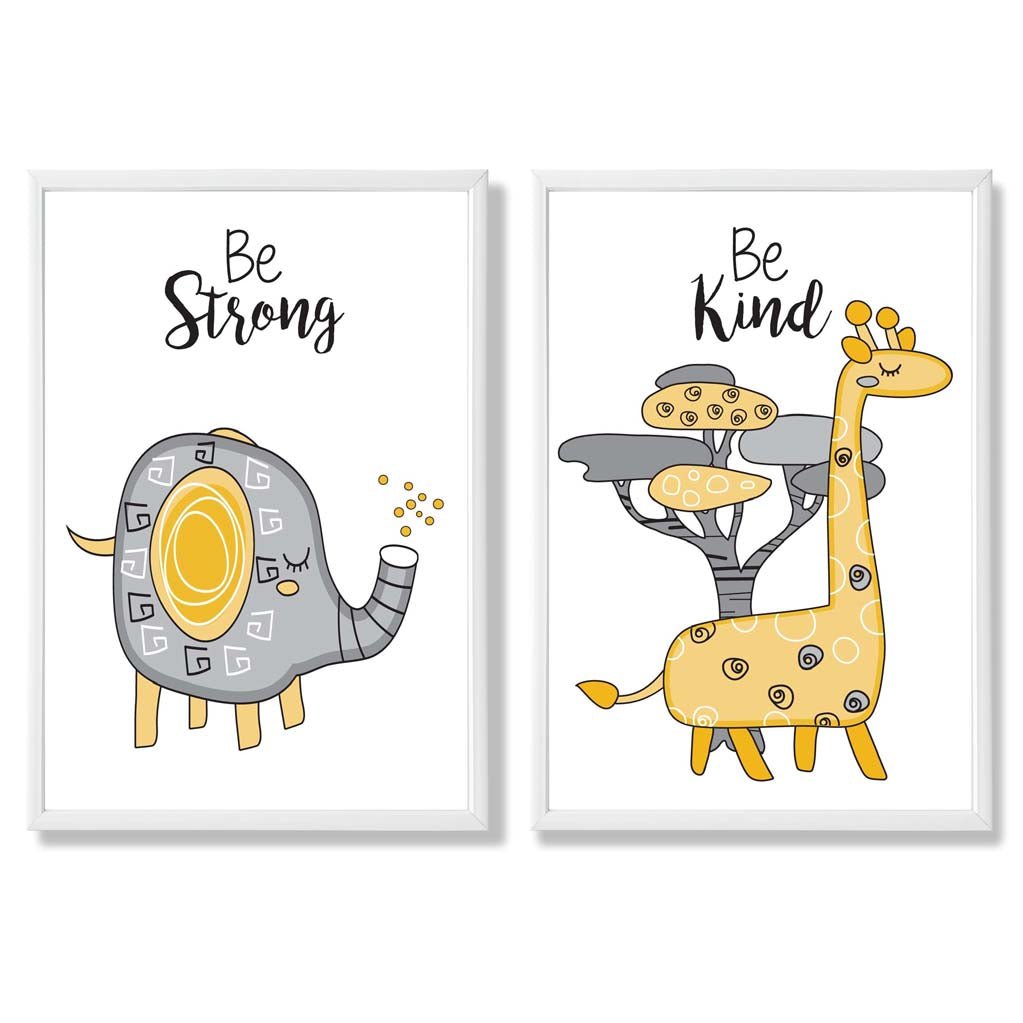 Grey, Yellow Nursery Elephant, Giraffe Set of 2 Art Prints with White Frame