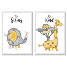 Grey, Yellow Nursery Elephant, Giraffe Set of 2 Art Prints with White Frame