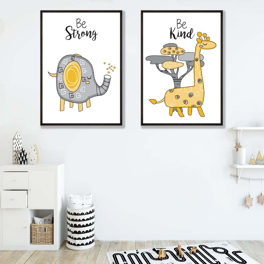 Grey, Yellow Nursery Elephant and Giraffe Prints | Artze Wall Art UK