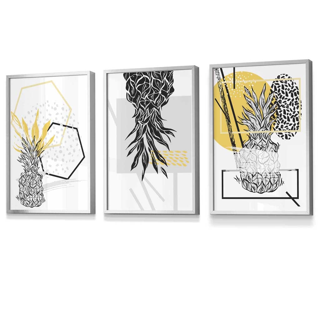 Yellow and Black Minimal Pineapple Art Prints Set of 3 Framed Wall Art | Artze Wall Art UK