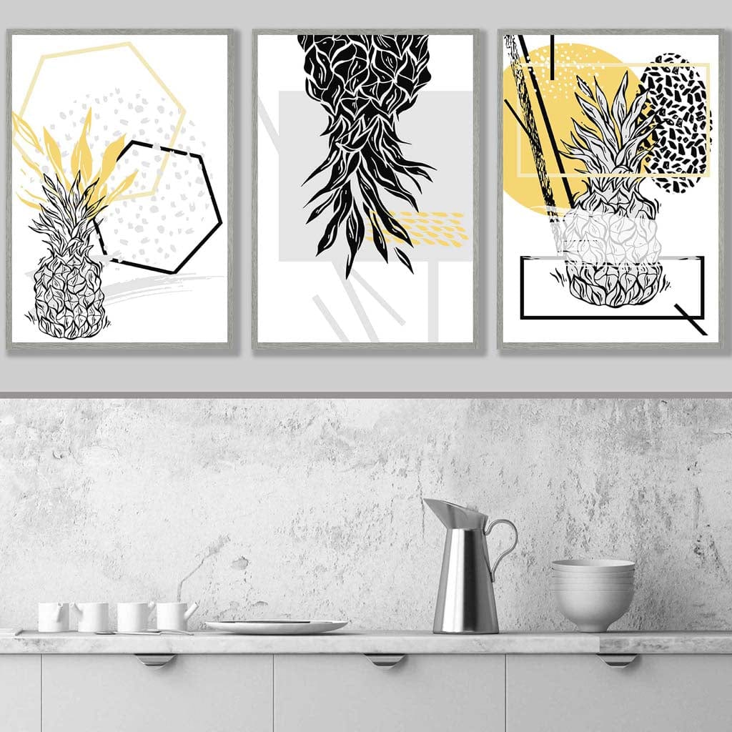 Geometric Abstract set of 3 Yellow & Black Line Pineapple Art Prints