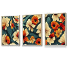 Set of 3 Abstract Oriental Flowers in Teal and Orange Framed Art | Artze Wall Art UK