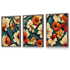 Set of 3 Abstract Oriental Flowers in Teal and Orange Framed Art | Artze Wall Art UK