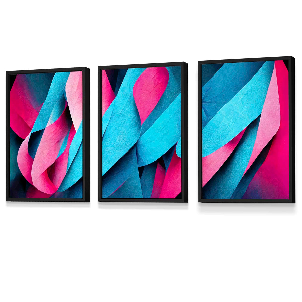 Set of 3 Geometric Abstract Bright Blue and Hot Pink Deco Framed Art