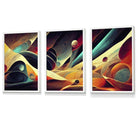 Set of 3 Geometric Abstract Bright Orange Blue and Yellow Mars Framed Art | Artze Wall Art UK
