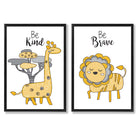 Yellow, Grey Nursery Giraffe, Lion Set of 2 Art Prints with Black Frame