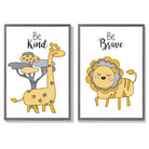 Yellow, Grey Nursery Giraffe, Lion Set of 2 Art Prints with Dark Grey Frame