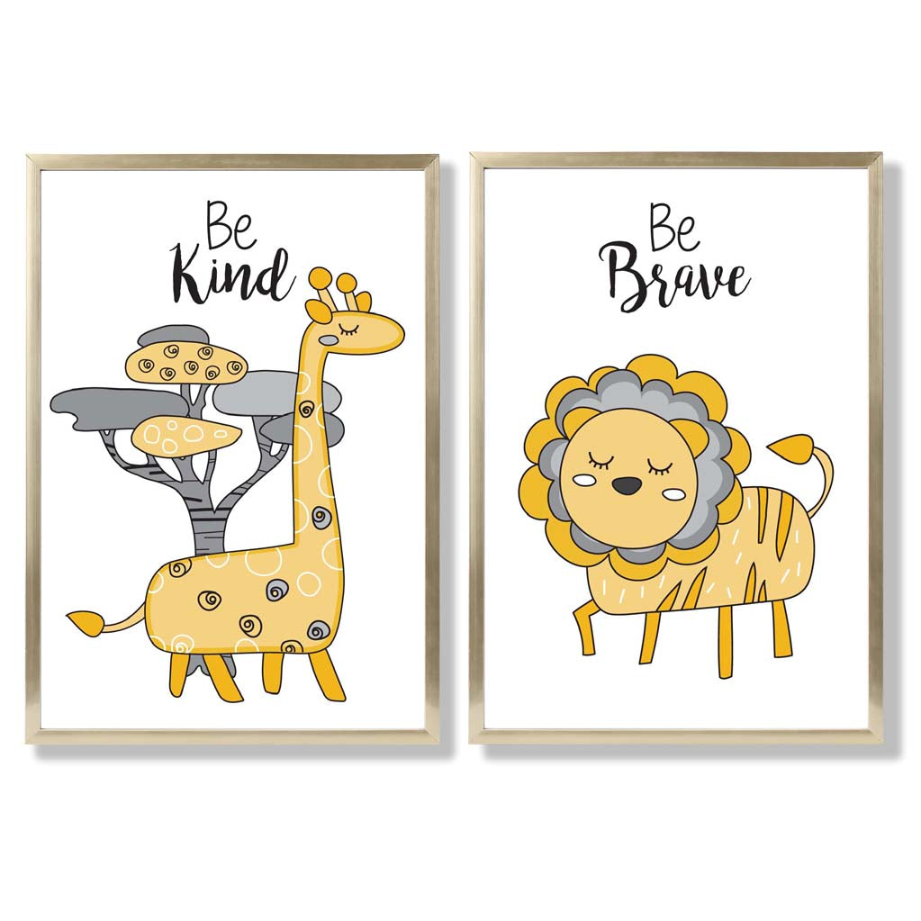 Yellow, Grey Nursery Giraffe, Lion Set of 2 Art Prints with Gold Frame