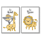 Yellow, Grey Nursery Giraffe, Lion Set of 2 Art Prints with Light Grey Frame