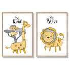 Yellow, Grey Nursery Giraffe, Lion Set of 2 Art Prints with Oak Frame