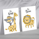 Yellow, Grey Nursery Giraffe, Lion Framed Set of 2 Art Prints