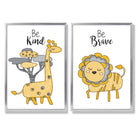 Yellow, Grey Nursery Giraffe, Lion Set of 2 Art Prints with Silver Frame