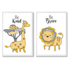 Yellow, Grey Nursery Giraffe, Lion Set of 2 Art Prints with White Frame