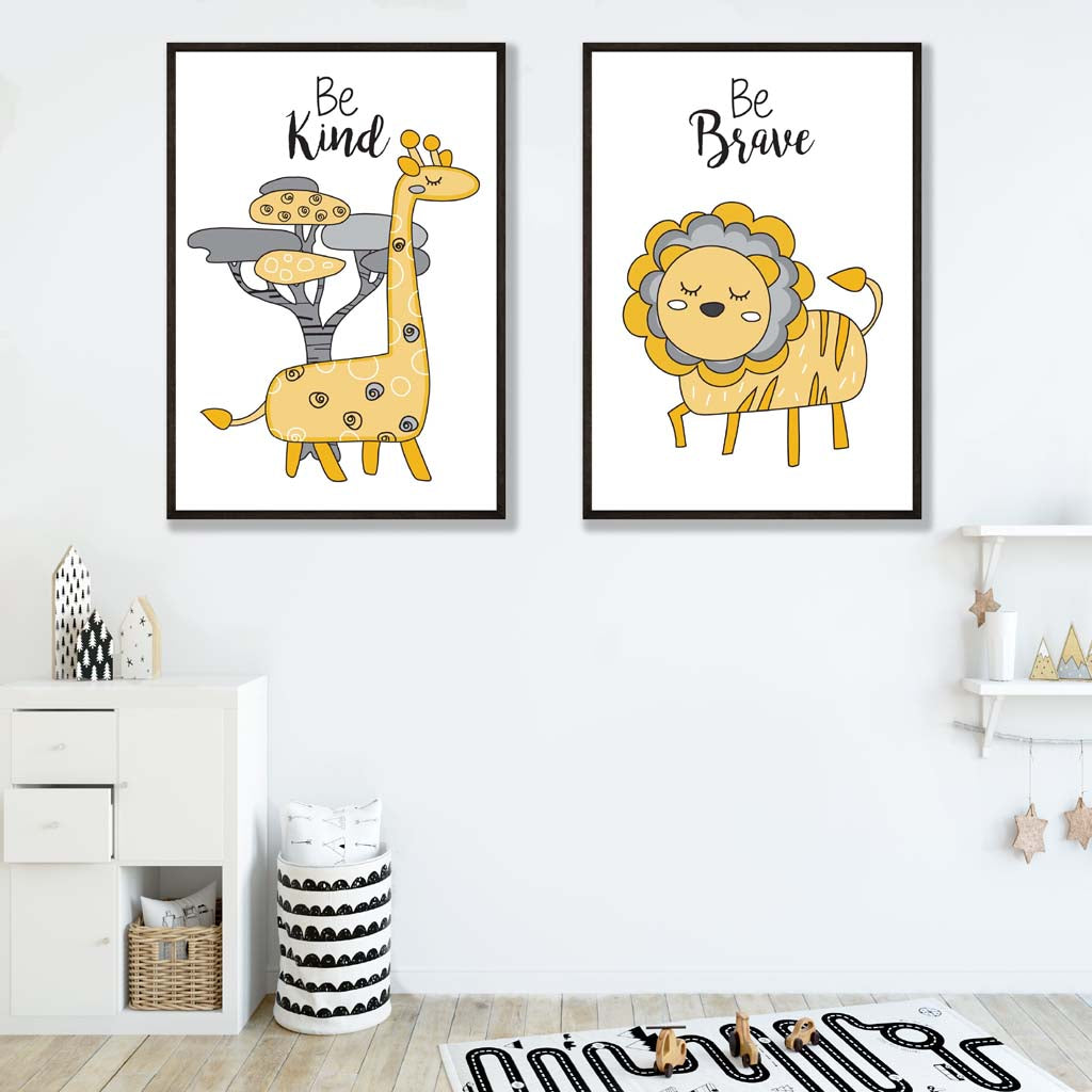 Yellow, Grey Nursery Giraffe and Lion Prints | Artze Wall Art UK