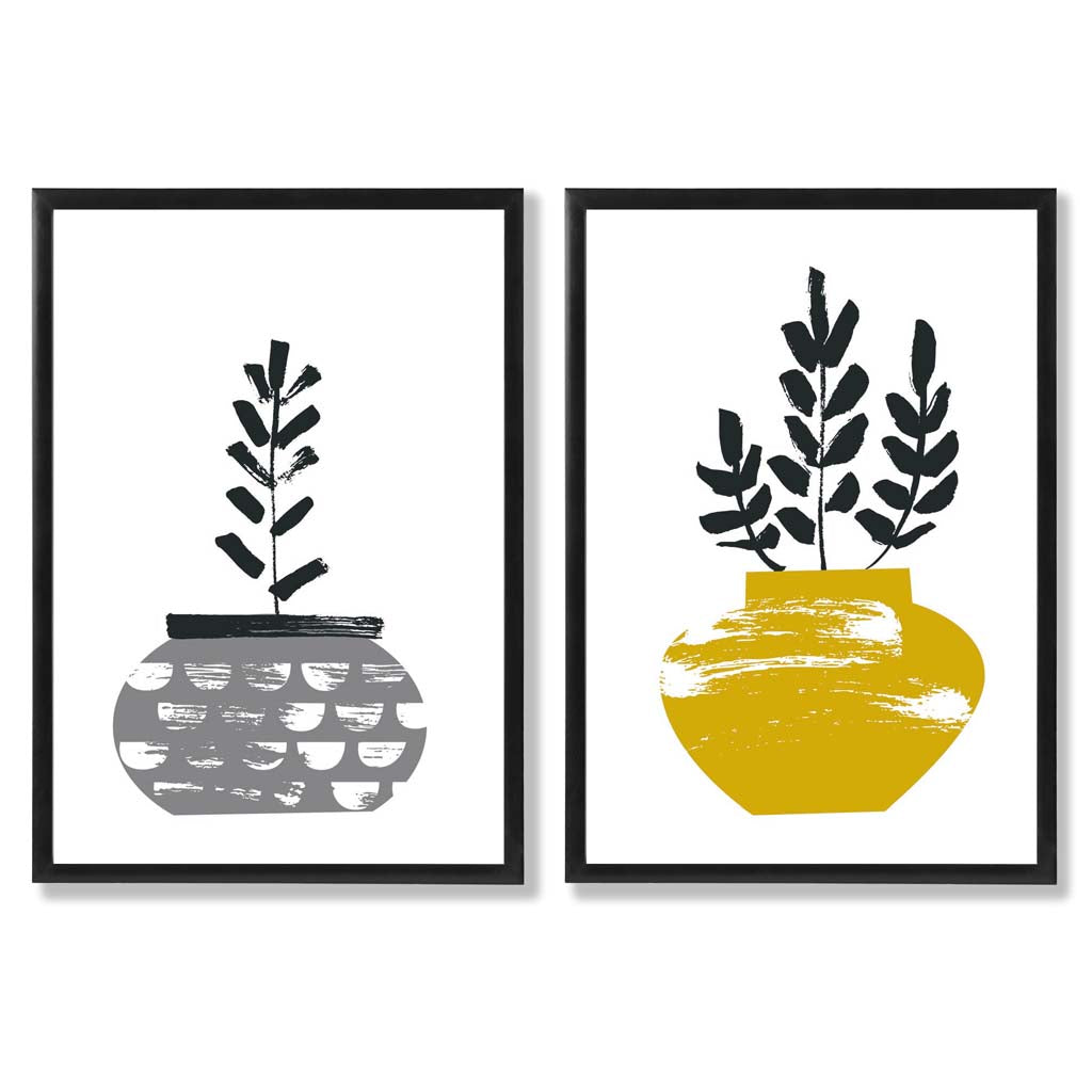 Yellow, Grey Boho Botanical Sketch Set of 2 Art Prints with Black Frame