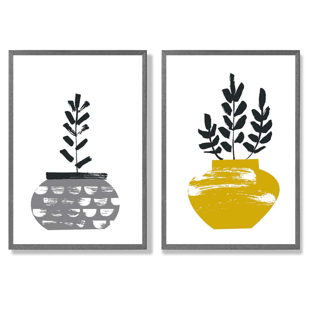 Yellow, Grey Boho Botanical Sketch Set of 2 Art Prints with Dark Grey Frame
